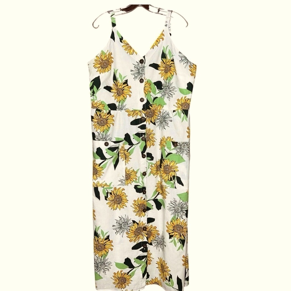 Floral Button Down Sunflower Print Dress w/ 2 Front Pockets. Size 1X